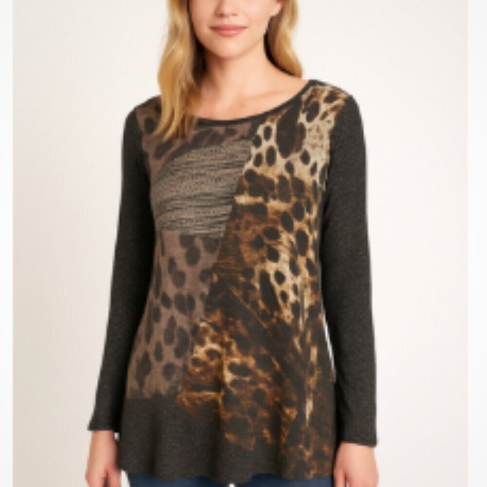 Ali Miles Animal Print Sweater Size 1X Long Sleeve Black Brown Artsy Lagenlook